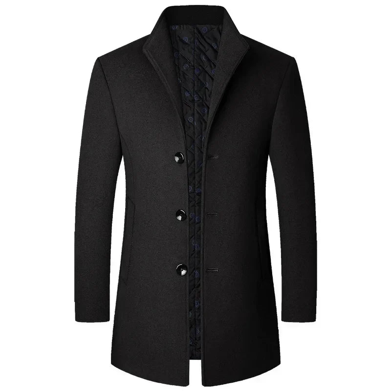 Mason Men's Long Overcoat With Buttons Elegant Tailored Winter Wool Coat By TrendAura