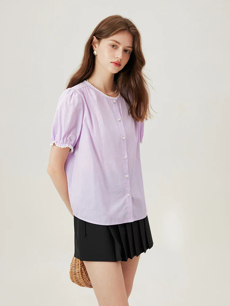 Amélie Violette Cotton Blouse With Pearl Embellishment And Ribbed Neckline Vintage Inspired For Women