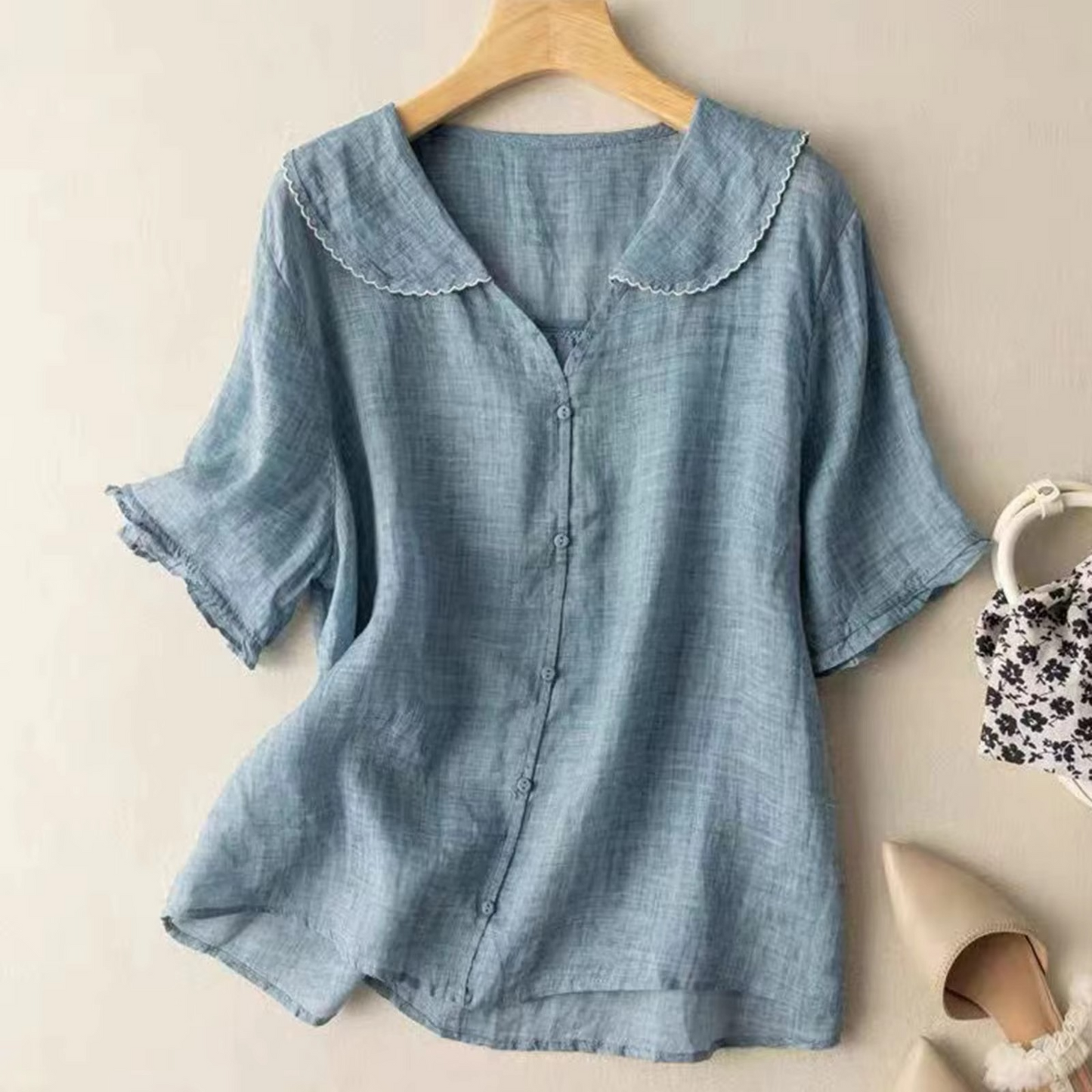 Womens Cotton and Linen Long Sleeve Button Down Top