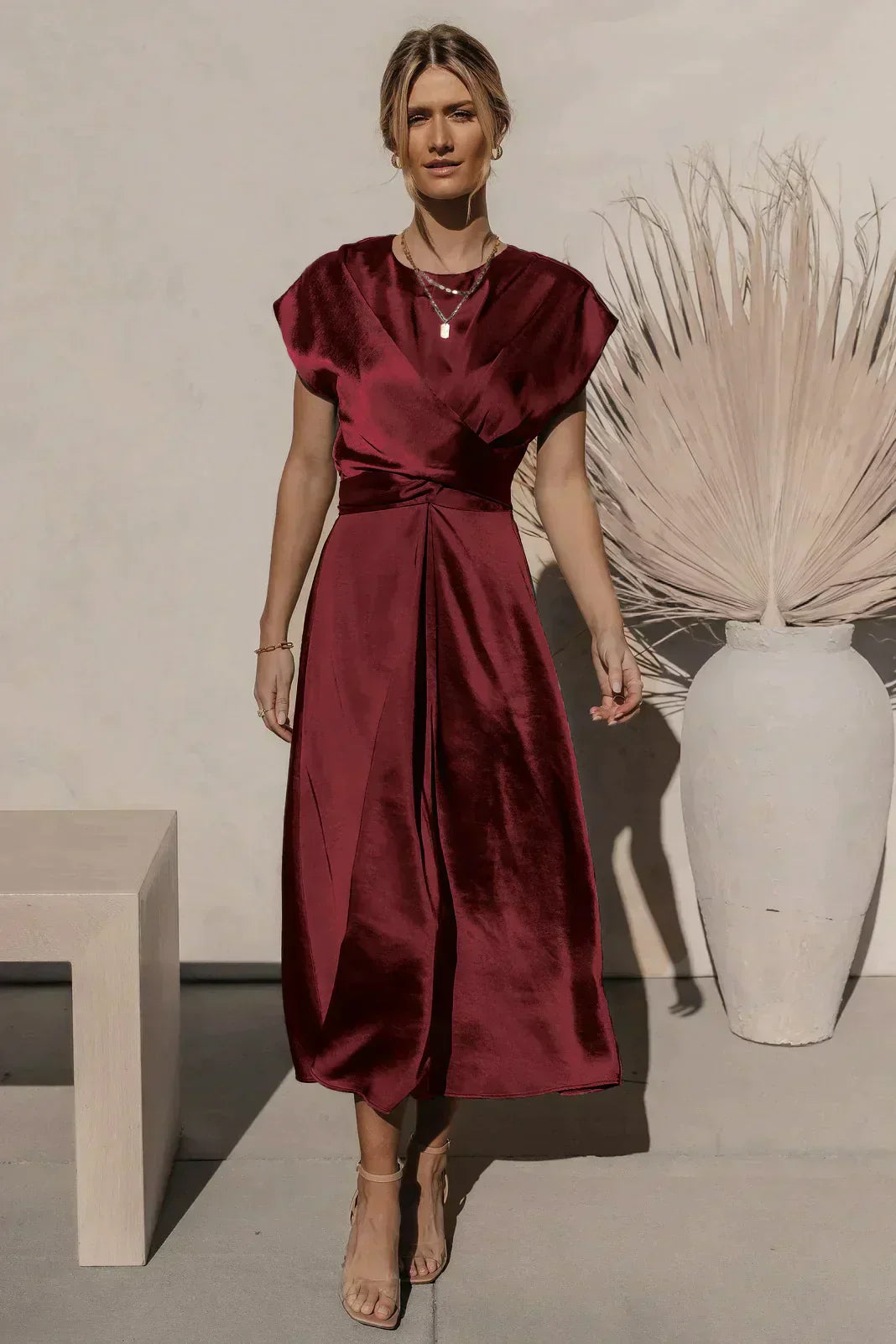 Women's Midi Dress - Satin Look - V-Neck Wrap Design - Elegant A-Line Fit