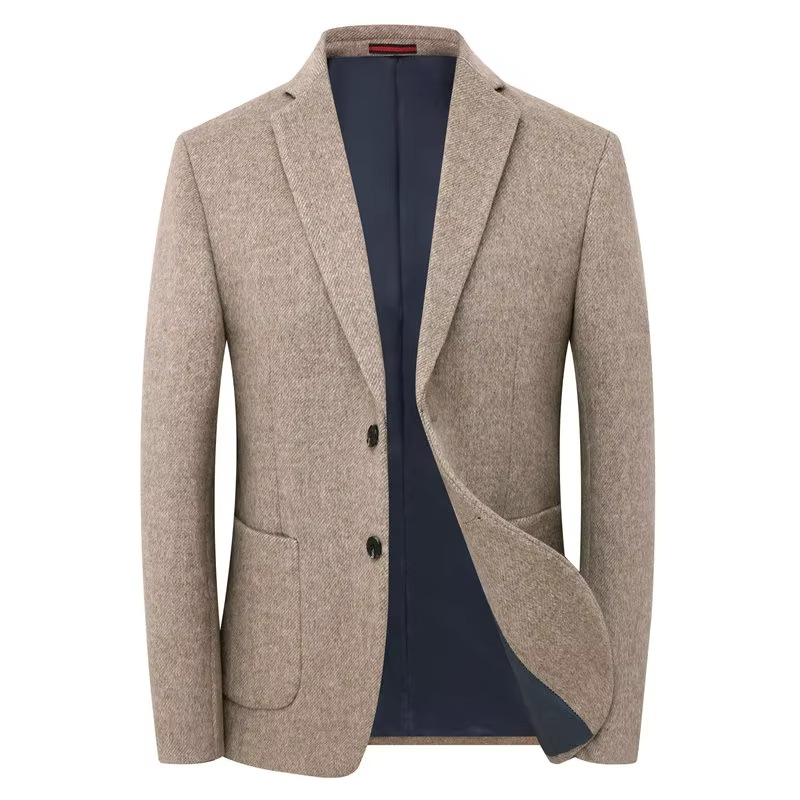 TrendAura Mens Elegant Wool Tweed Blazer Beige Coffee Gray Business Casual Winter Jacket