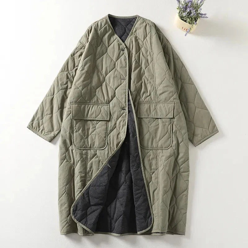 Women’s Coat - Quilted - Oversized Relaxed Fit - Longline - Collarless V-Neck