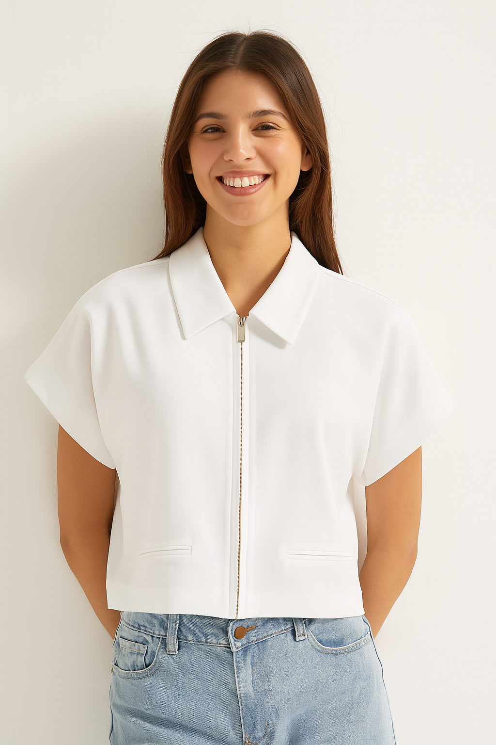 Short-sleeve zip jacket black with collar