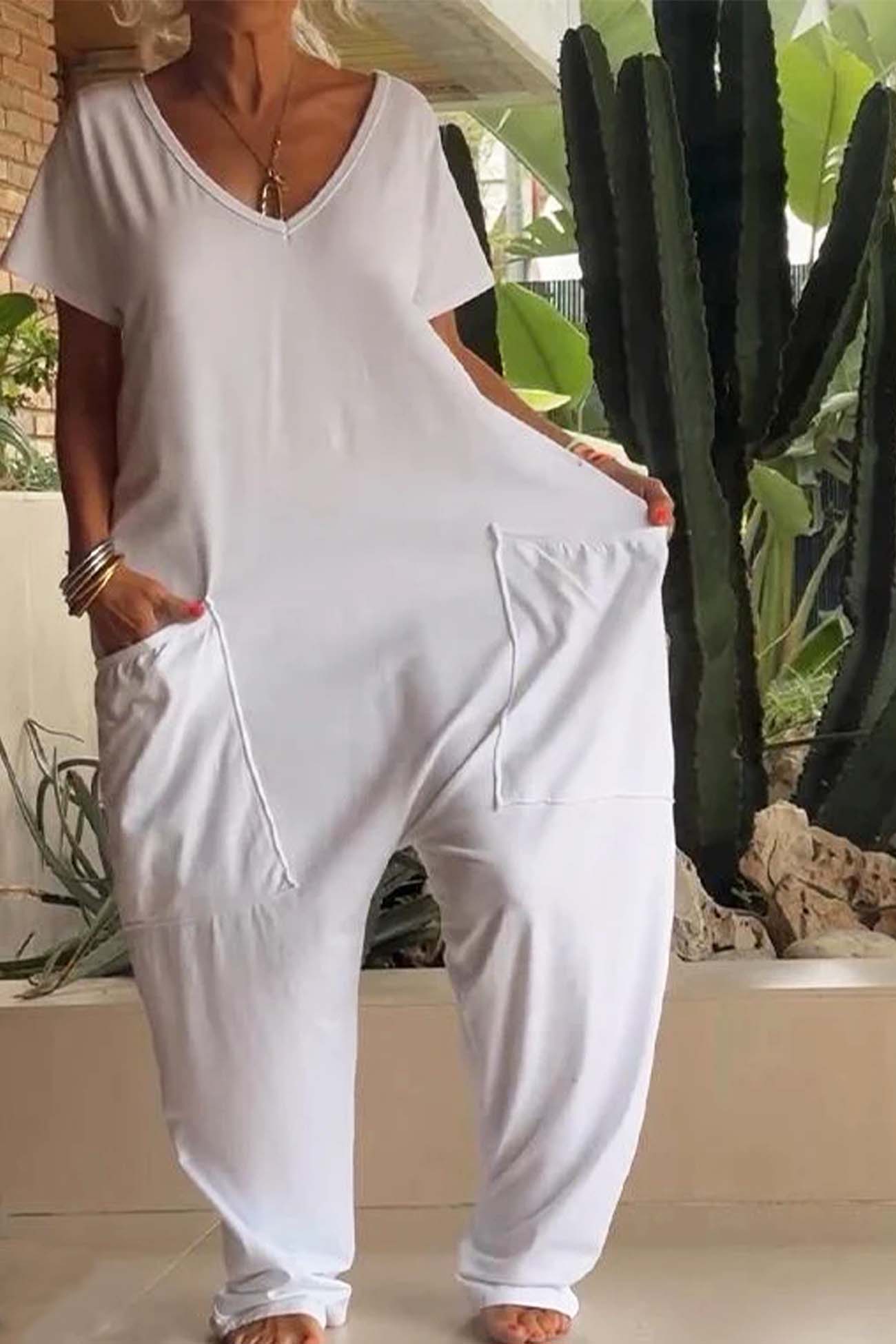 Women's V-Neck Short Sleeve Jumpsuit with Pockets and Loose Fit