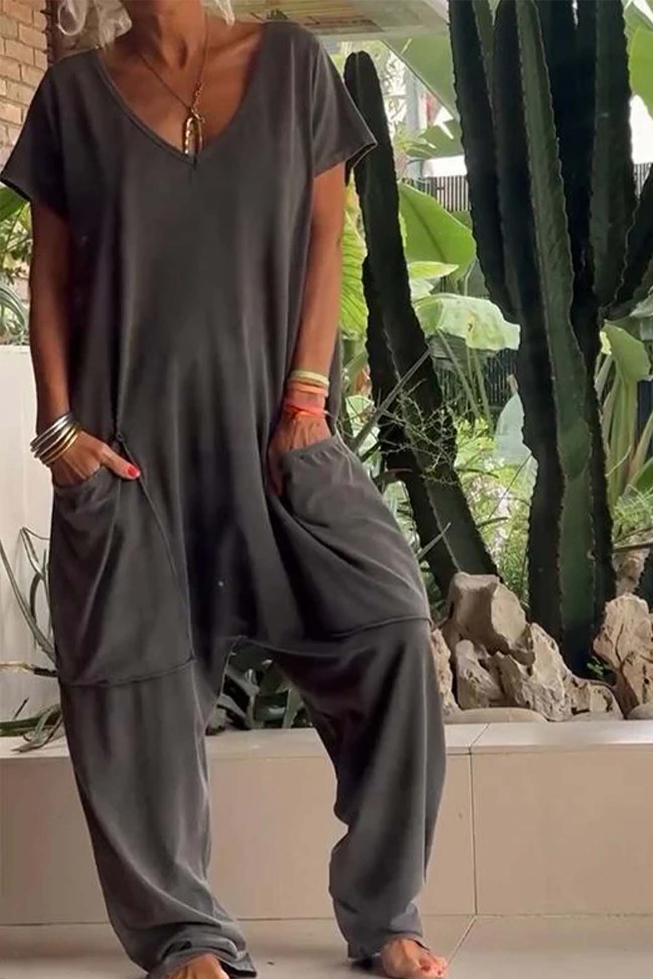 Women's V-Neck Short Sleeve Jumpsuit with Pockets and Loose Fit