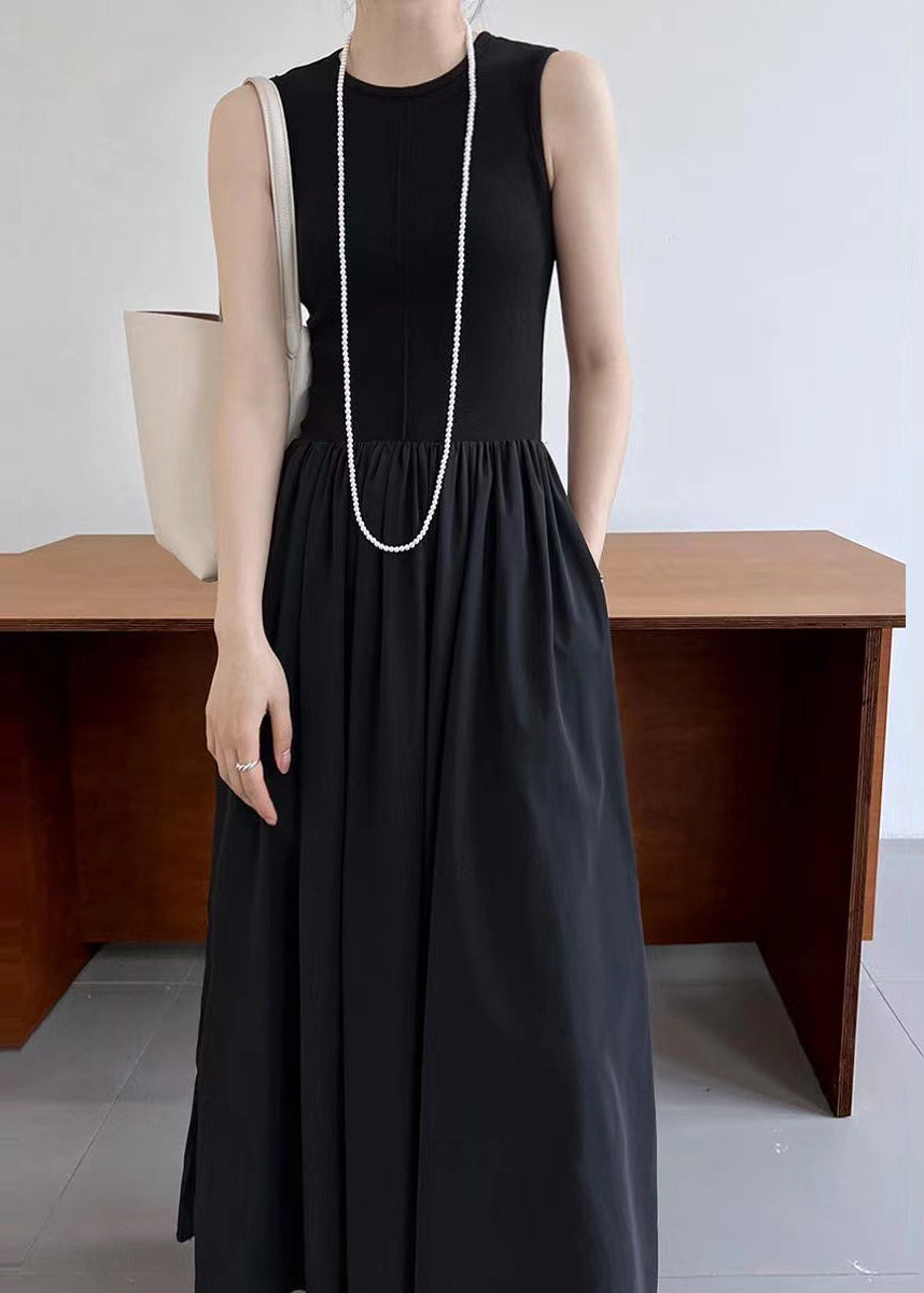 Robe longue en coton patchwork noire sans manches - TrendAura
