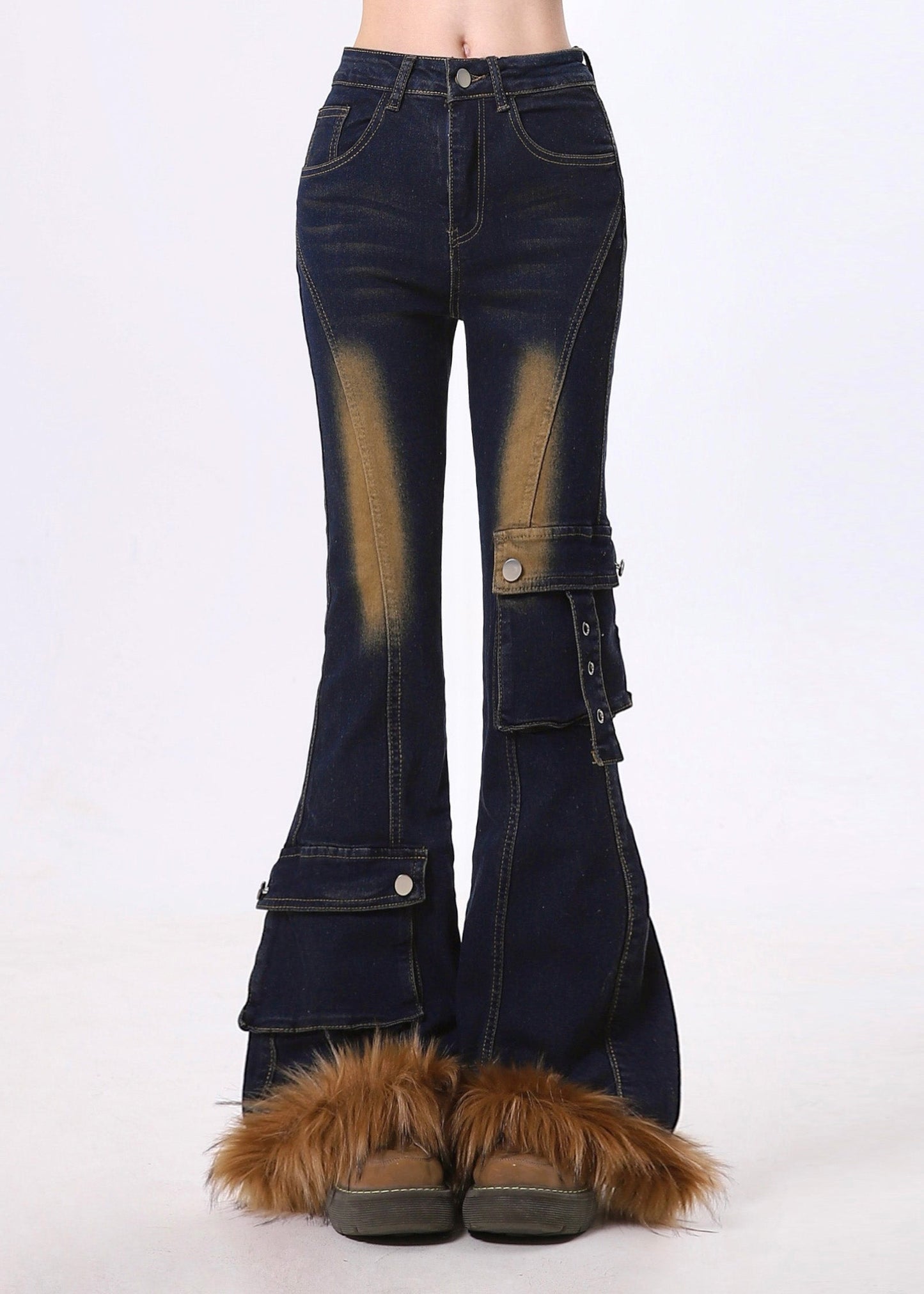 Pantalon évasé en coton et fausse fourrure bleu marine, coupe ajustée, printemps - TrendAura