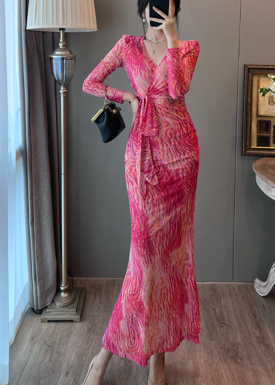 Robe de vacances d'été en tulle à imprimé rose et coupe ajustée - TrendAura