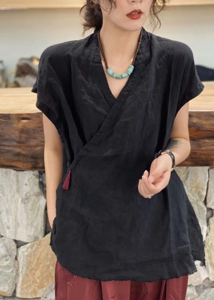 Haut noir simple à col en V et manches courtes avec pompons et ceinture nouée - TrendAura