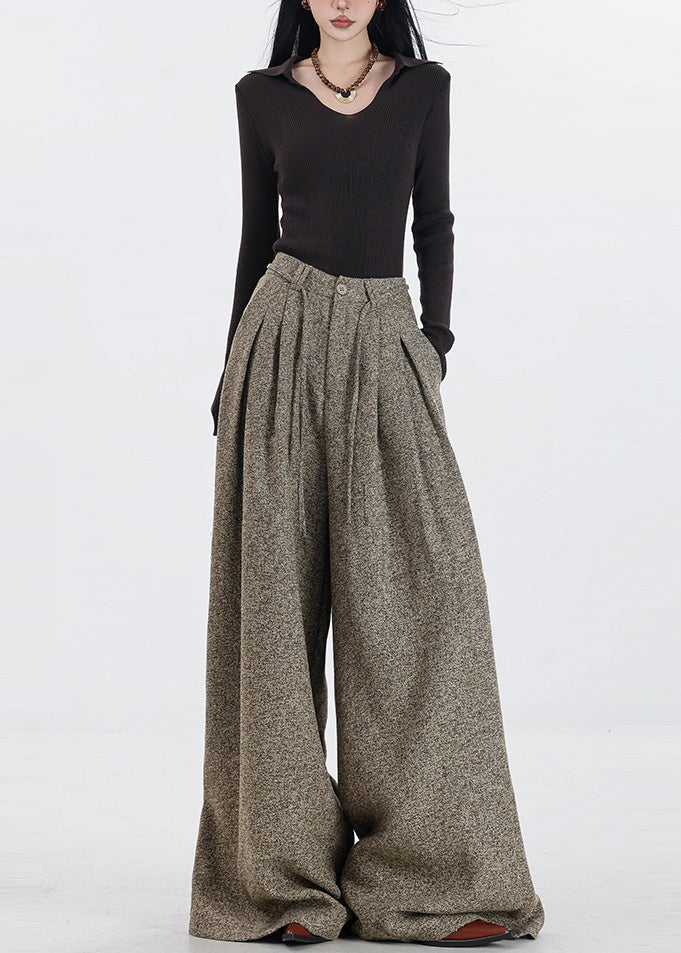 Pantalon large taille haute en laine kaki simple pour le printemps - TrendAura