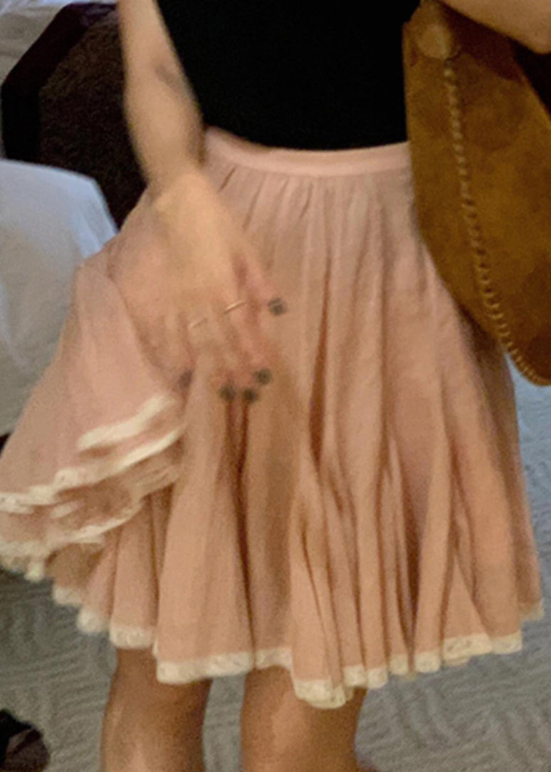 Jupe trapèze simple en dentelle rose patchwork pour l'été - TrendAura