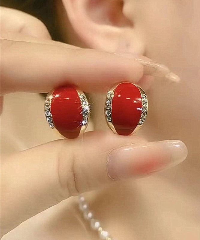 Boucles d'oreilles simples en argent sterling rouge avec zircon et jade - TrendAura