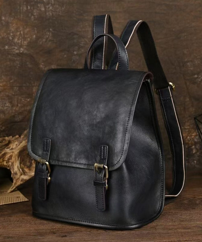 Sac à dos simple en cuir de veau noir de grande capacité - TrendAura
