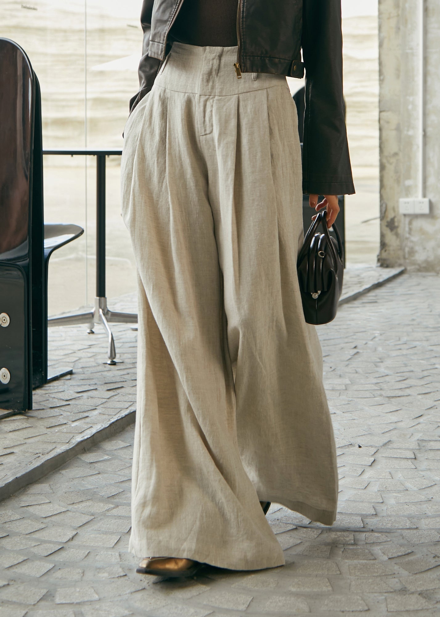 Pantalon large taille haute en lin de style simple pour l'automne - TrendAura