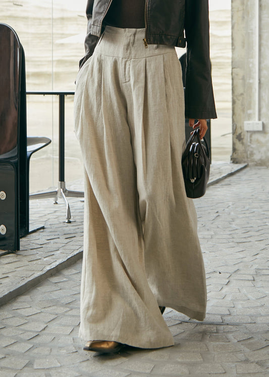 Pantalon large taille haute en lin de style simple pour l'automne - TrendAura