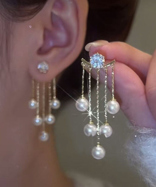 Boucles d'oreilles pendantes fines en alliage blanc avec perles de zircon - TrendAura