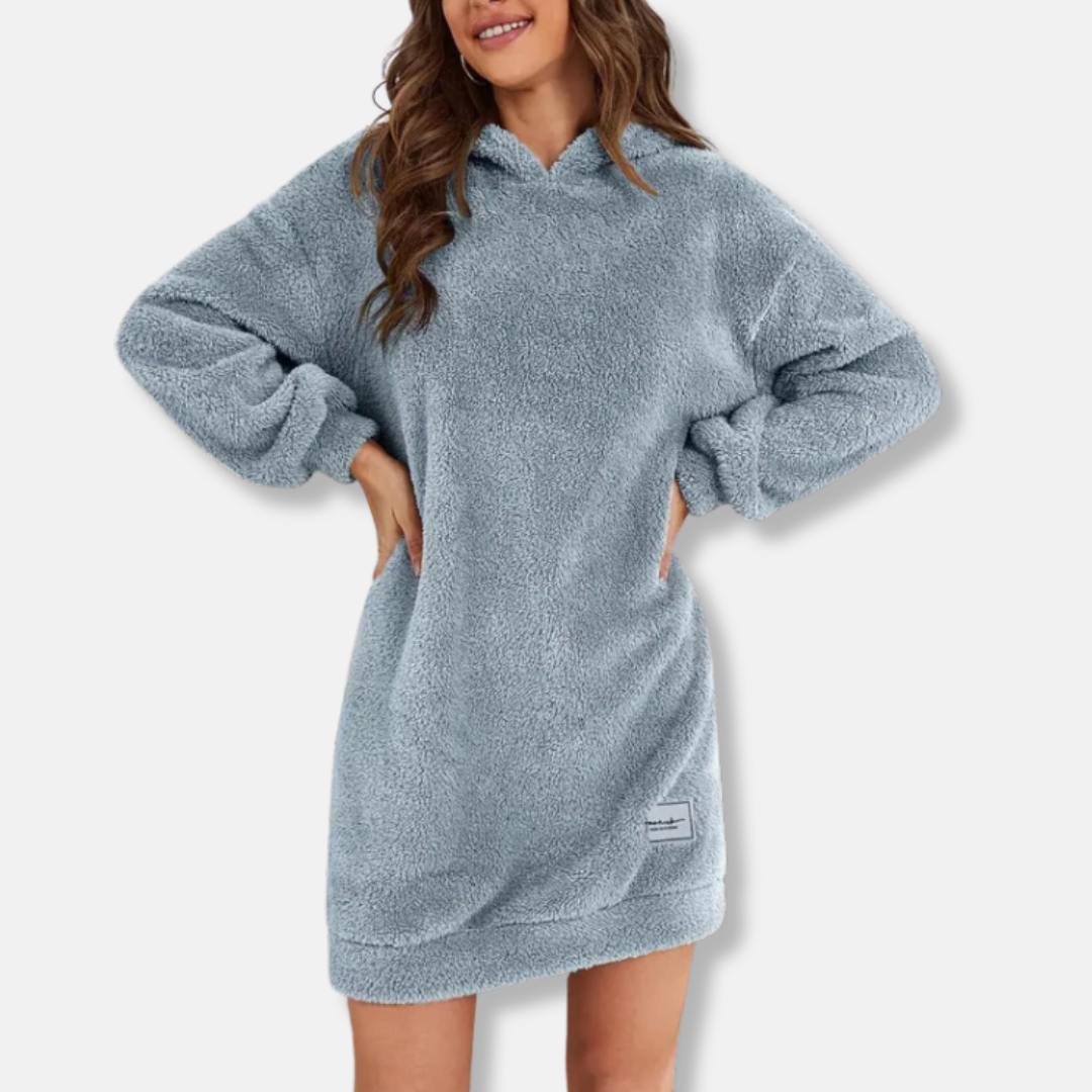 Women’s Hoodie Dress – Fleece Texture – Oversized Fit – Long Sleeve Mini Lounge Wear