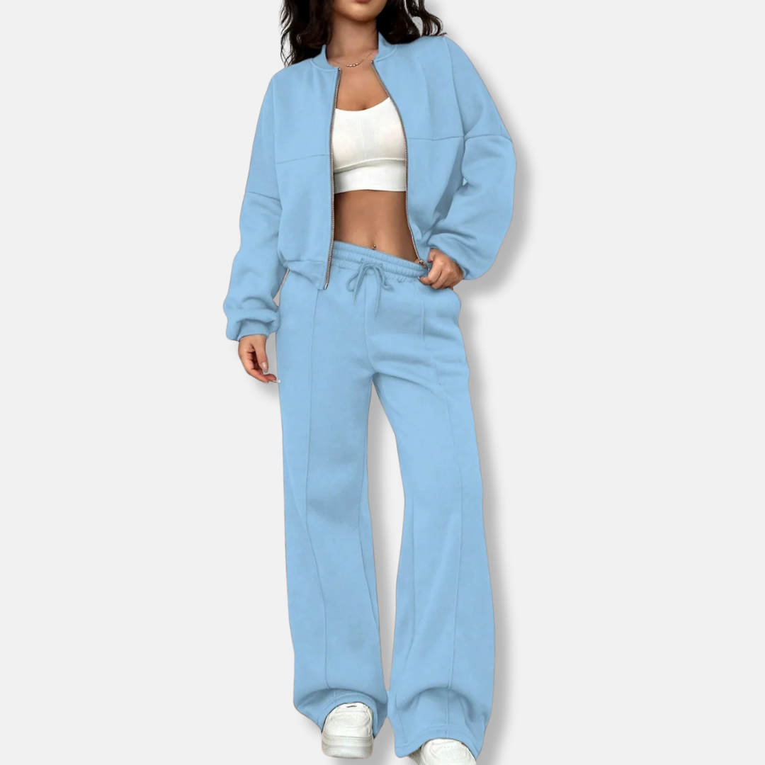 Women’s Two-Piece Loungewear Set – Relaxed Bomber Jacket – High-Waisted Wide-Leg Pants