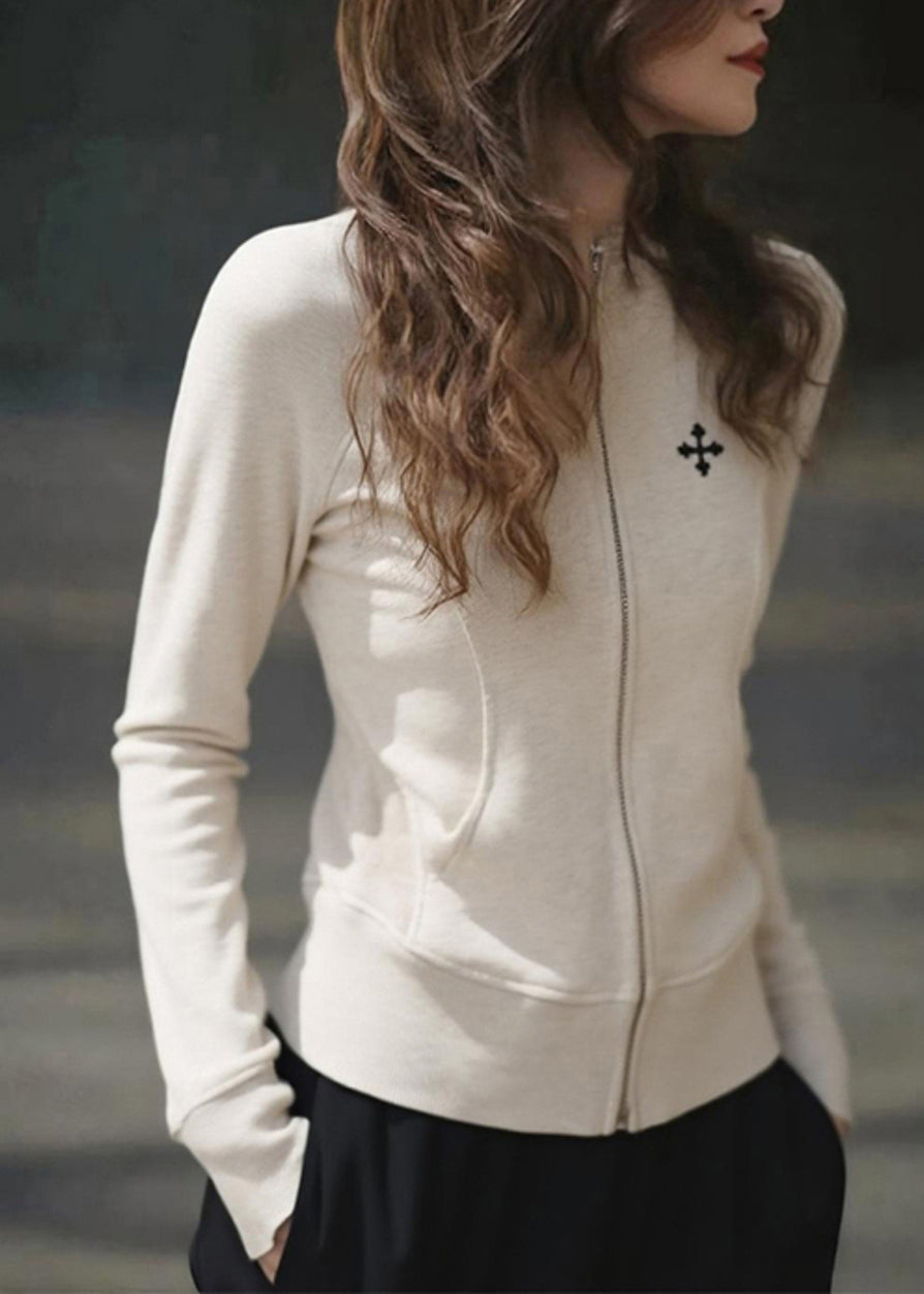 Manteaux en coton beiges slim fit à col rond et fermeture éclair patchwork pour l'automne - TrendAura