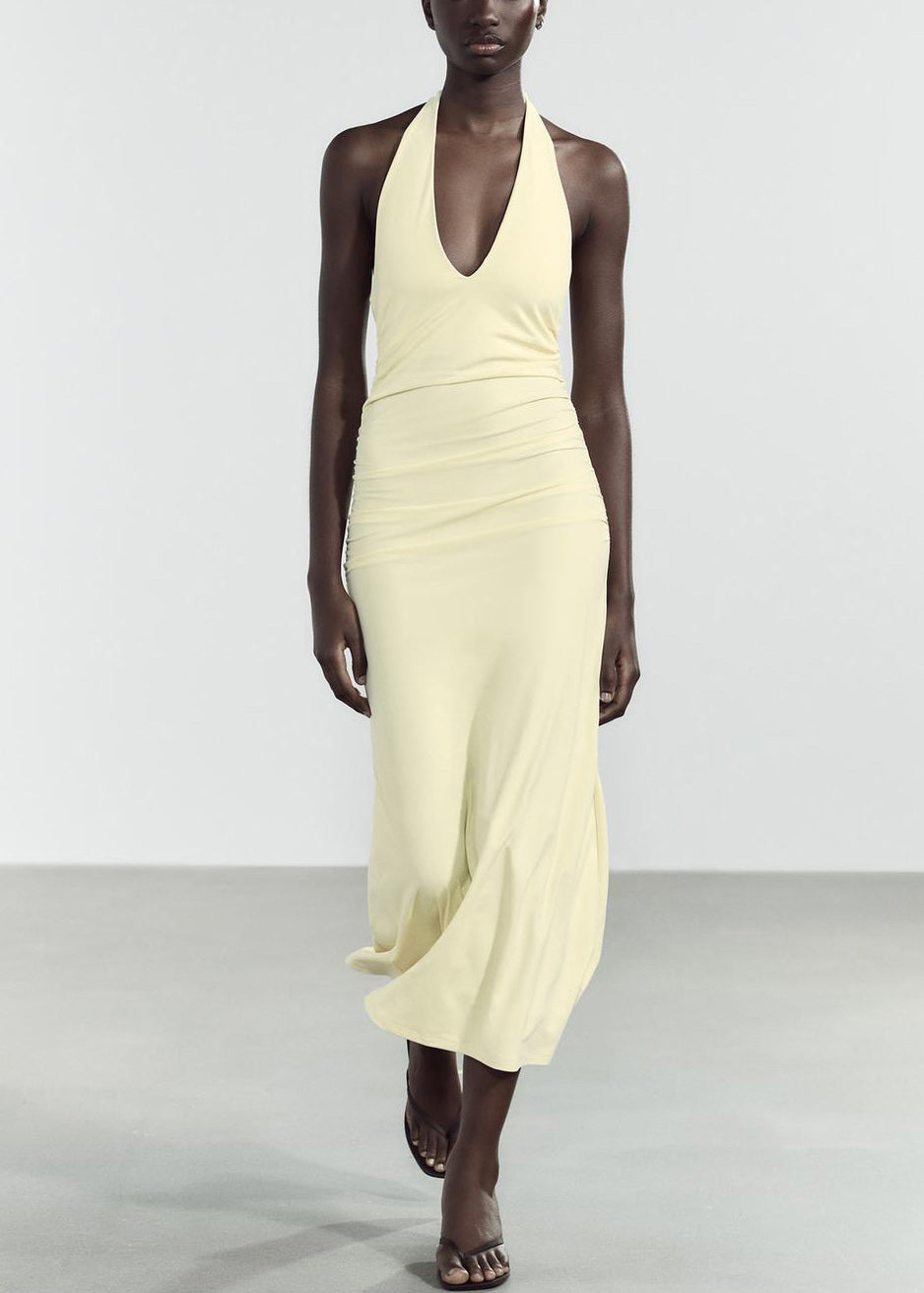 Robe longue en coton jaune clair, coupe ajustée, col en V, dos nu, sans manches - TrendAura