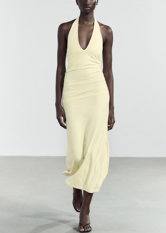 Robe longue en coton jaune clair, coupe ajustée, col en V, dos nu, sans manches - TrendAura