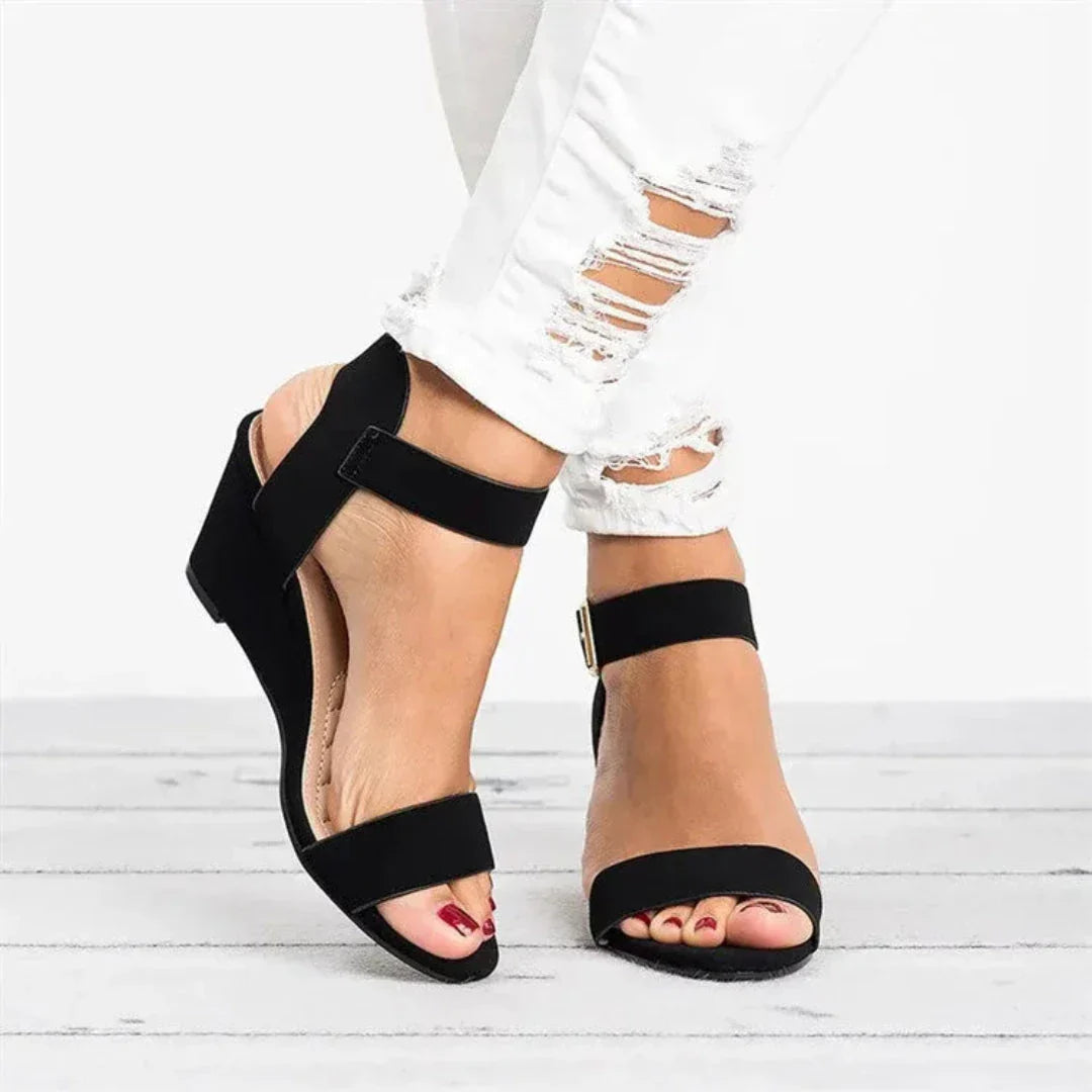 Soleil Open-Toe Buckle Strap Suede Wedge