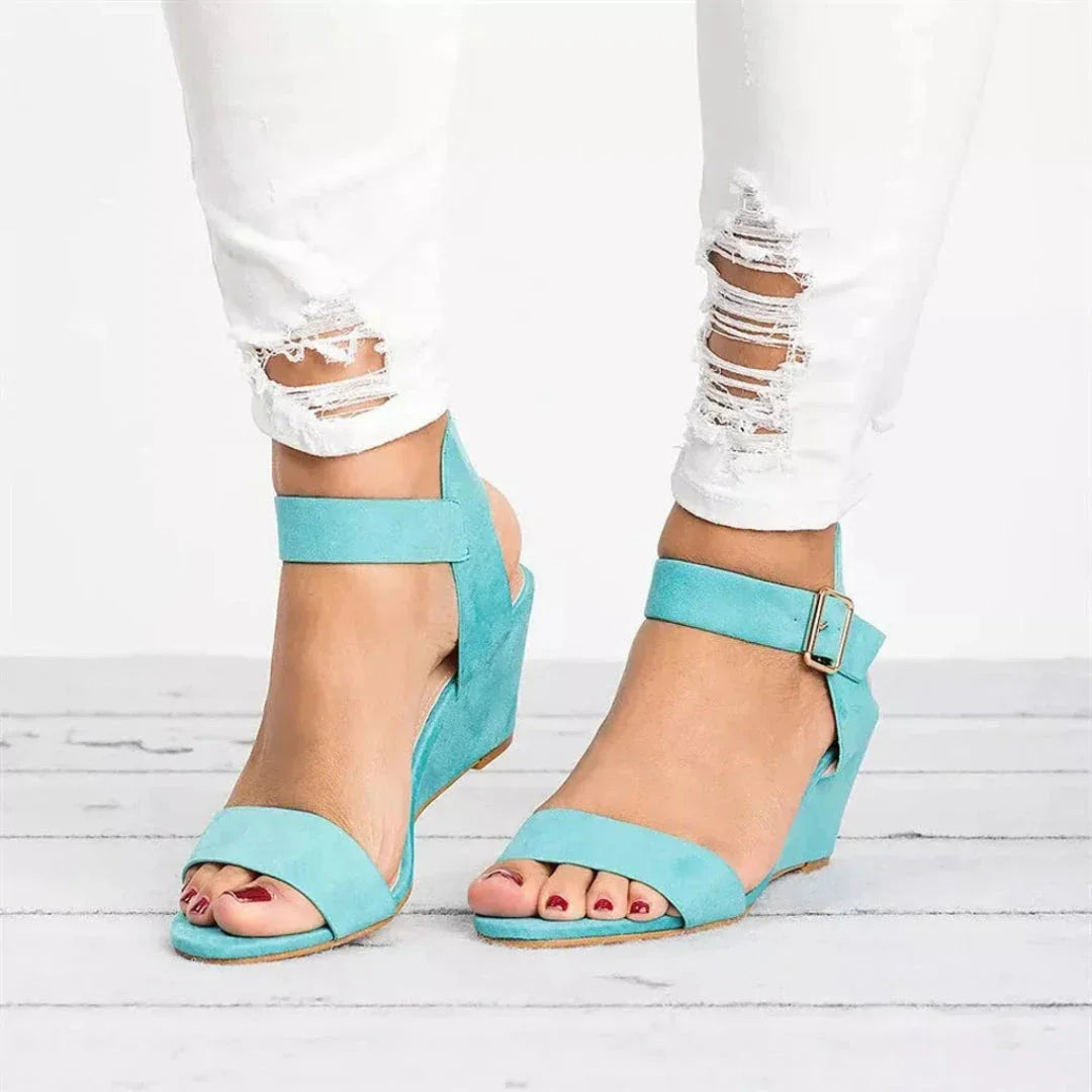 Soleil Open-Toe Buckle Strap Suede Wedge