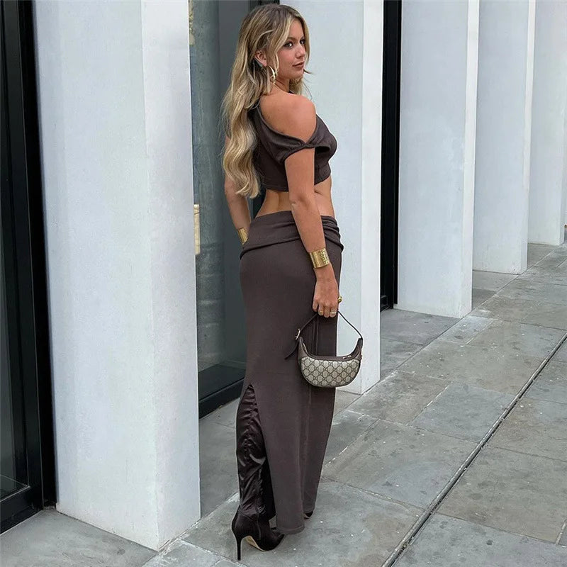 Summer dress women's set with short sleeve crop top and maxi skirt