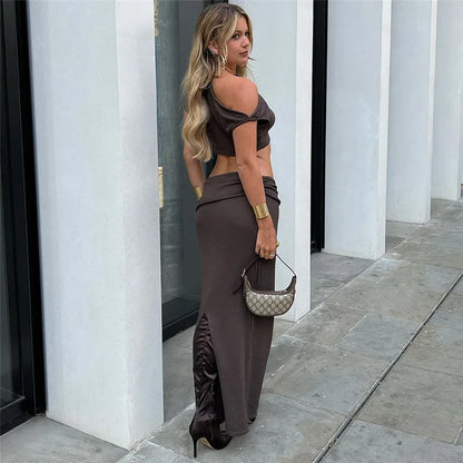 Summer dress women's set with short sleeve crop top and maxi skirt