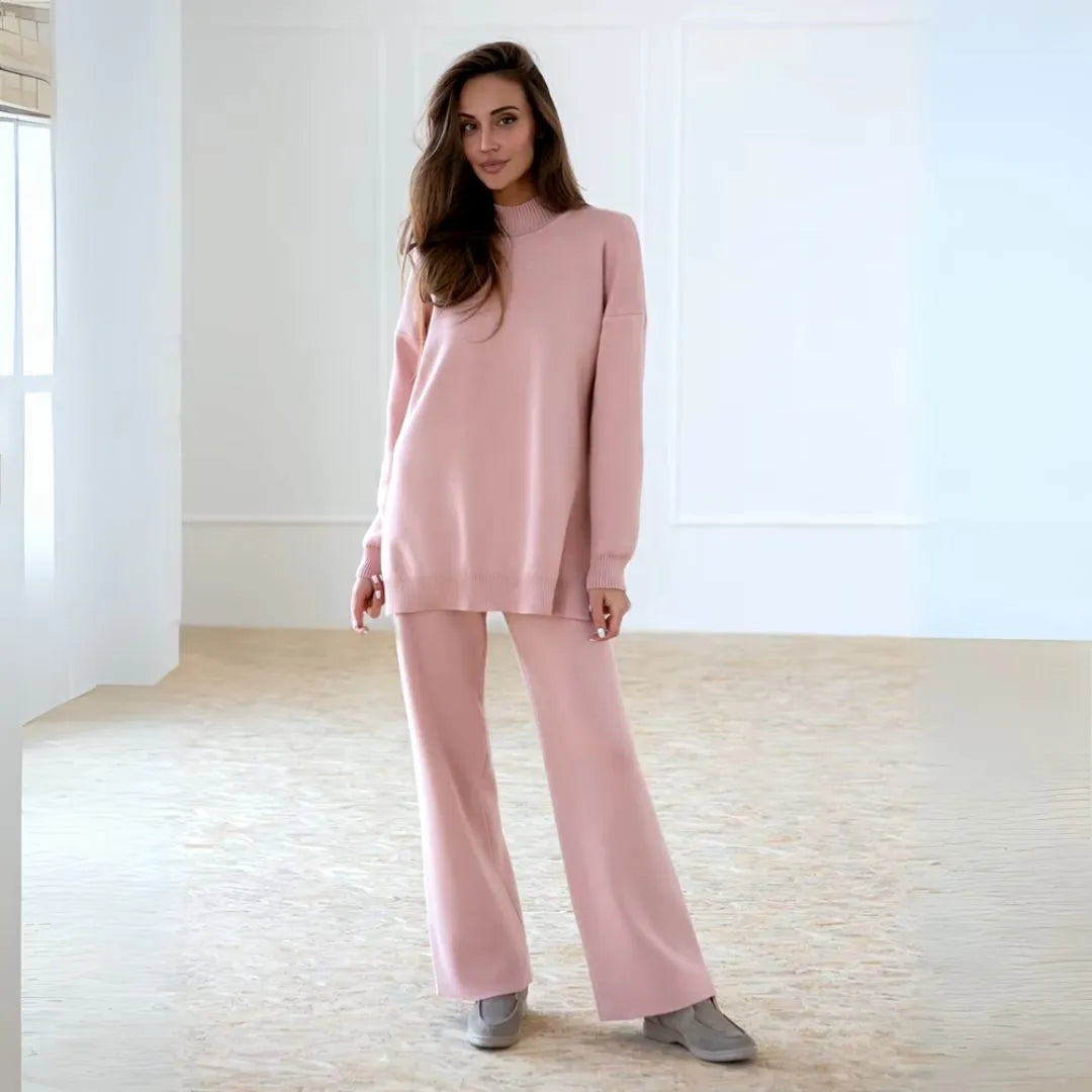 Knitted Loungewear Set With Mock Neck Pullover And Wide Leg Pants For Women Elegant Comfort