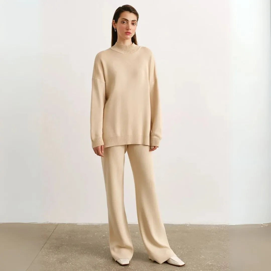 Knitted Loungewear Set With Mock Neck Pullover And Wide Leg Pants For Women Elegant Comfort