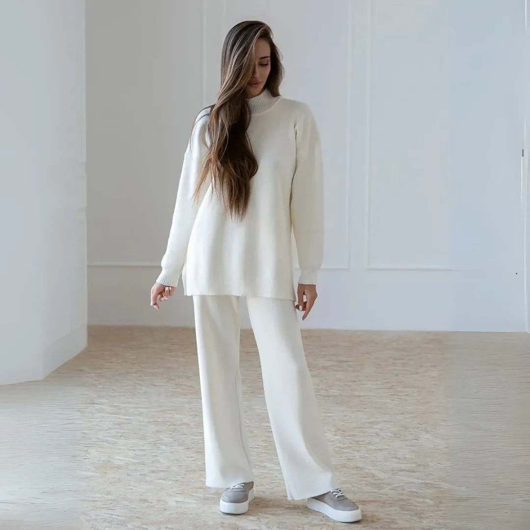 Knitted Loungewear Set With Mock Neck Pullover And Wide Leg Pants For Women Elegant Comfort