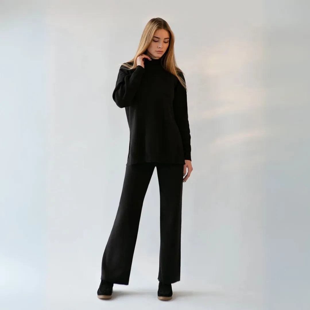 Knitted Loungewear Set With Mock Neck Pullover And Wide Leg Pants For Women Elegant Comfort