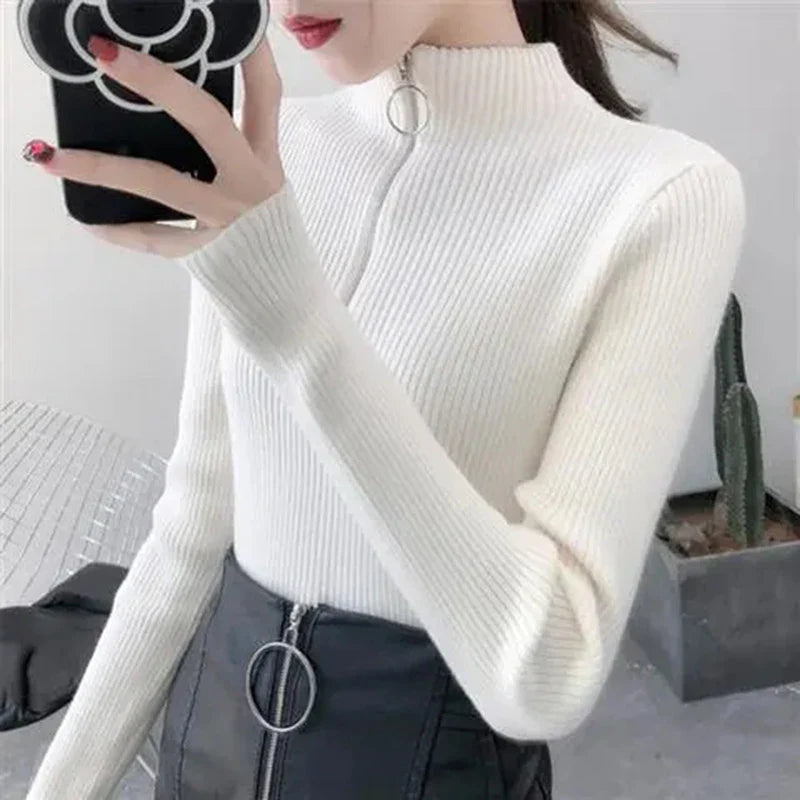 Women's knitted sweater with zipper and high collar