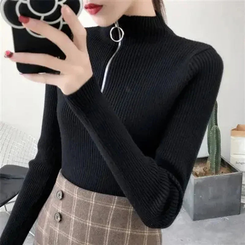 Women's knitted sweater with zipper and high collar