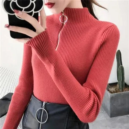 Women's knitted sweater with zipper and high collar