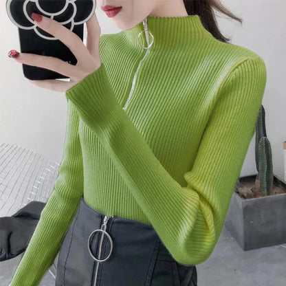 Women's knitted sweater with zipper and high collar