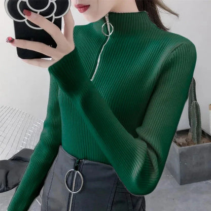 Women's knitted sweater with zipper and high collar