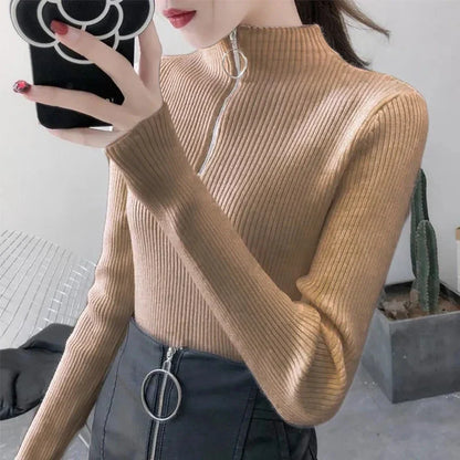 Women's knitted sweater with zipper and high collar