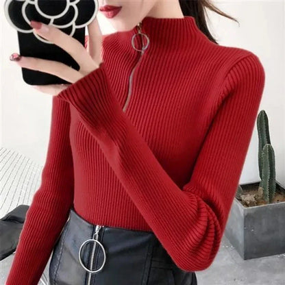 Women's knitted sweater with zipper and high collar