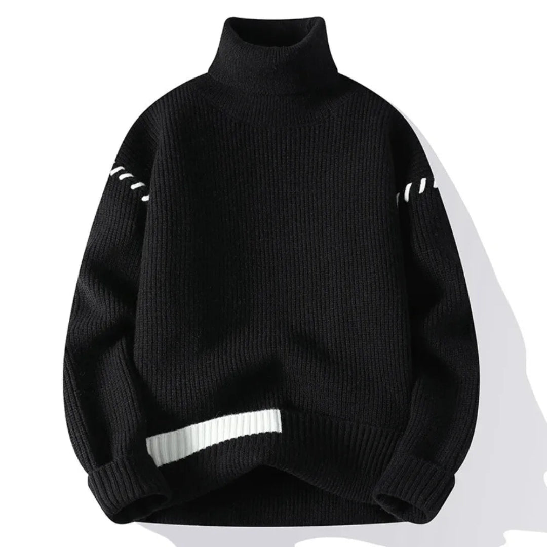 Unisex Patchwork Knit Sweater With Stand Up Collar For Cozy Warmth And Casual Winter Style