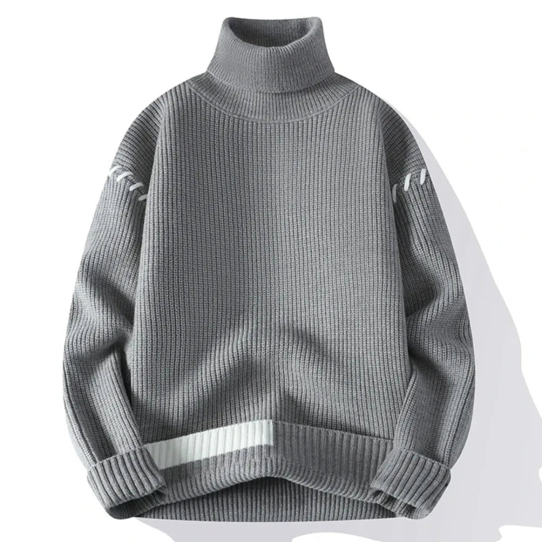 Unisex Patchwork Knit Sweater With Stand Up Collar For Cozy Warmth And Casual Winter Style
