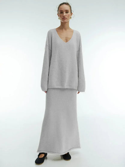 Knitted Sweater And Skirt Set For Women Cozy Warm Autumn Winter Fashion V Neck Design For Casual Wear