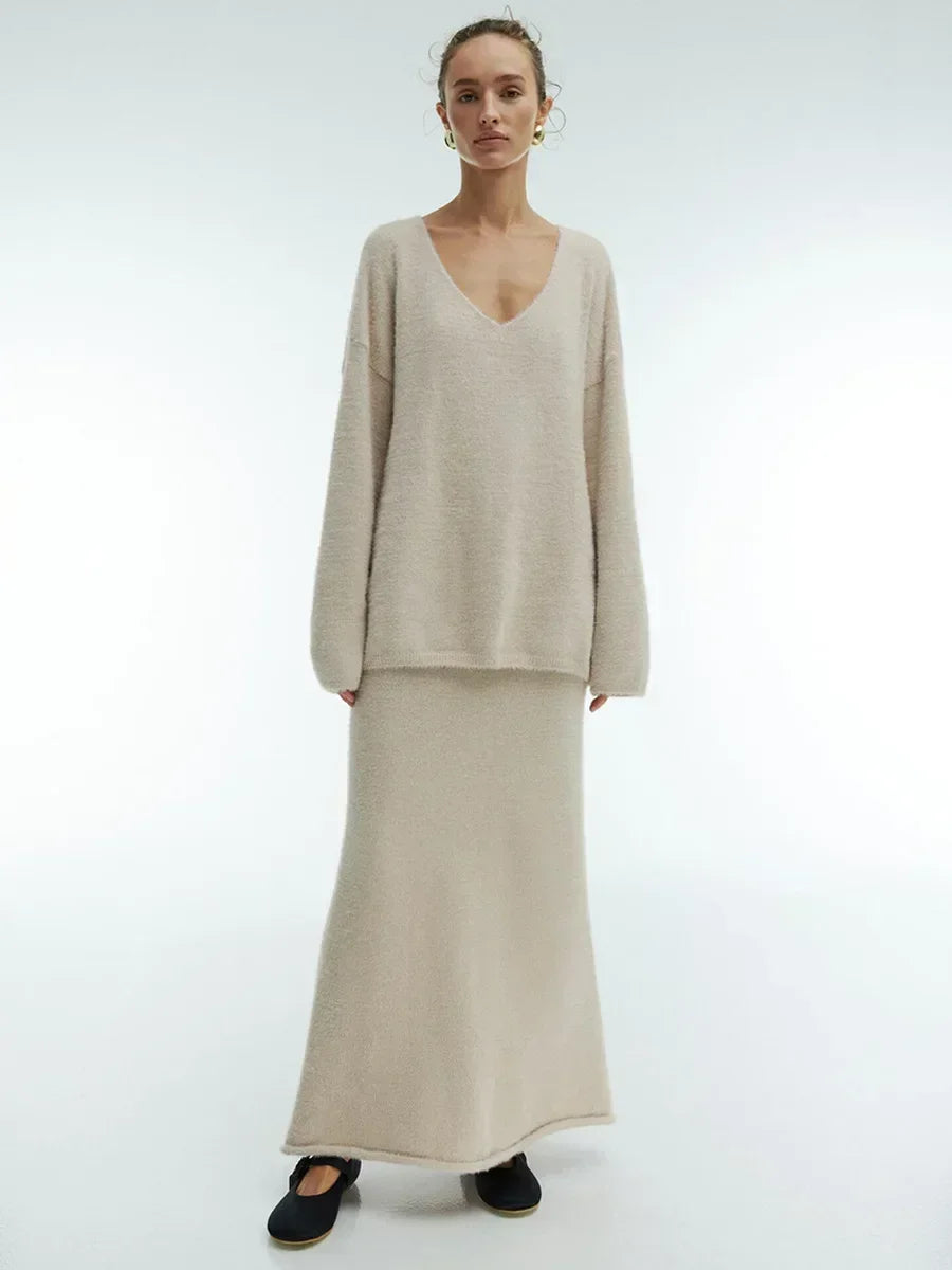 Knitted Sweater And Skirt Set For Women Cozy Warm Autumn Winter Fashion V Neck Design For Casual Wear