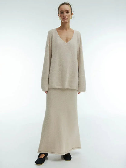Knitted Sweater And Skirt Set For Women Cozy Warm Autumn Winter Fashion V Neck Design For Casual Wear
