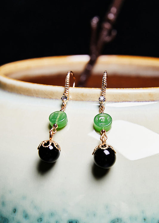 Style Boucles d'oreilles pendantes en jade avec pampilles en agate noire - TrendAura