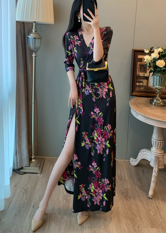 Robe de vacances d'été noire à imprimé nouée à la taille - TrendAura
