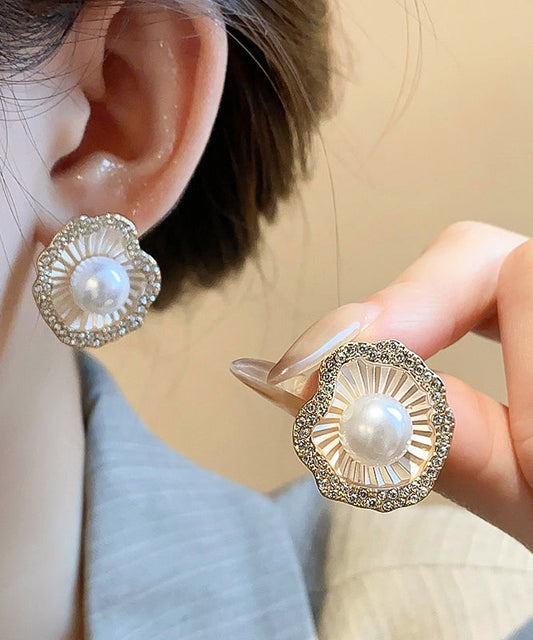 Boucles d'oreilles à tige en alliage de zircon et perles de style champagne - TrendAura
