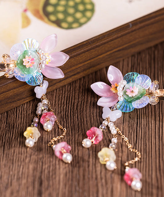 Paire d'épingles à cheveux multicolores en alliage avec perles et pompons floraux pour enfants - TrendAura