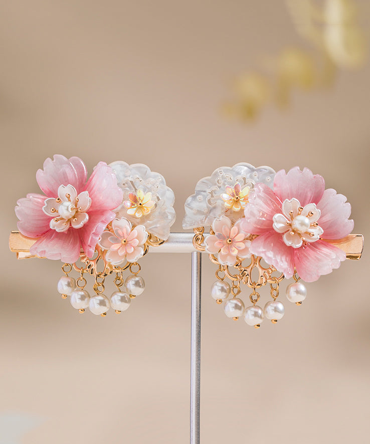 Paire d'épingles à cheveux style fille, pompon en résine et perles, en cuivre rose surdoré - TrendAura